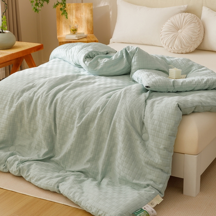 91家纺网 家纺一手货源 找家纺 卡派 2024新款水洗华夫格大豆纤维被水绿