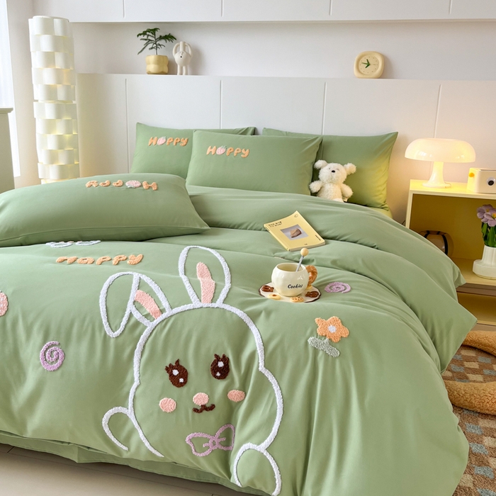 91家纺网 家纺一手货源 找家纺 言熙居家纺 2024新款加厚磨毛110克亲肤棉四件套 香草绿