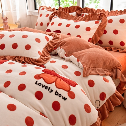 2025新款韩版荷叶边床裙款高克重印花牛奶绒四件套 韩版-爱的见证