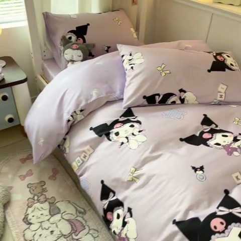 91家纺网 家纺一手货源 找家纺 2024新款三丽鸥授权全棉少女印花系列学生三件套四件套 棉三丽鸥-星星库洛米