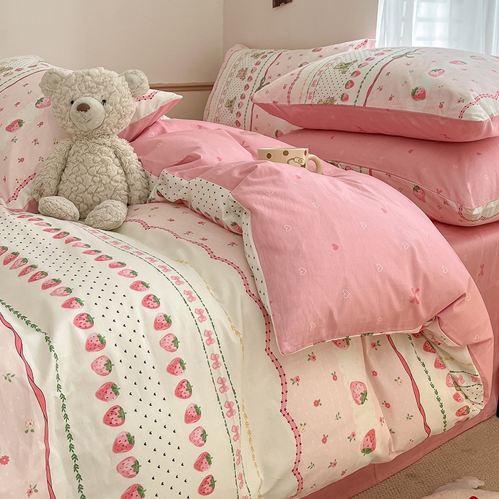 91家纺网 家纺一手货源 找家纺 桃子家居  2024新款纯棉小清新卡通少女13372系列四件套 棉-粉萌