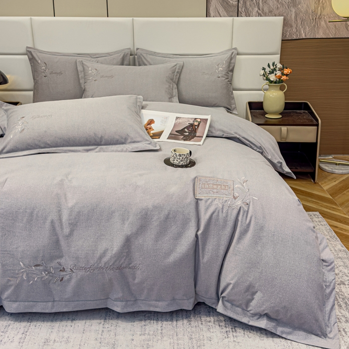 91家纺网 家纺一手货源 找家纺 U品汇 2024新品生态加厚长绒棉纯棉绣花全棉磨毛刺绣四件套宽边款直播 一叶知秋-灰