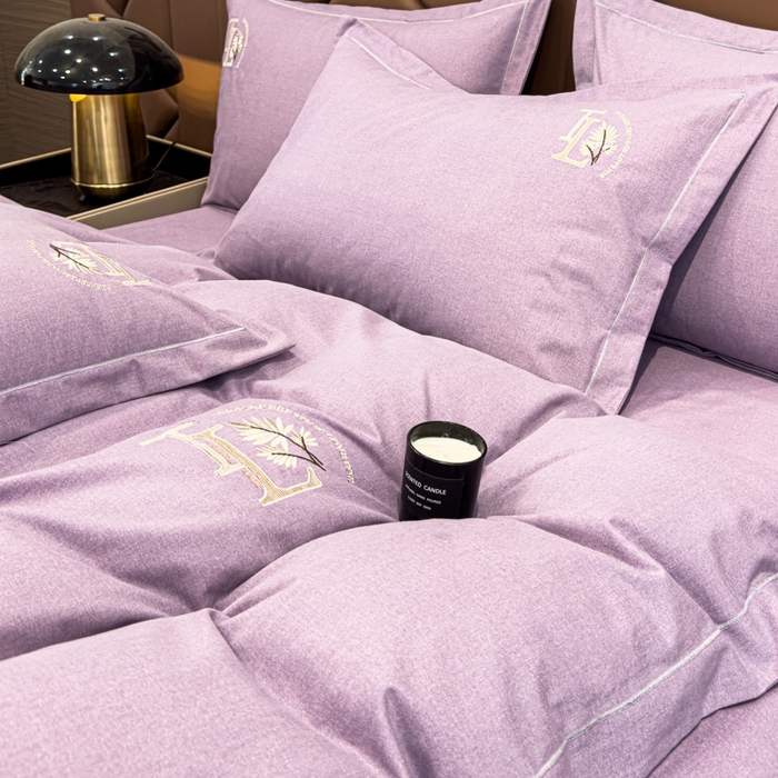 91家纺网 家纺一手货源 找家纺 U品汇 2024新品生态加厚长绒棉纯棉绣花全棉磨毛刺绣四件套宽边款直播 漫步梧桐-紫