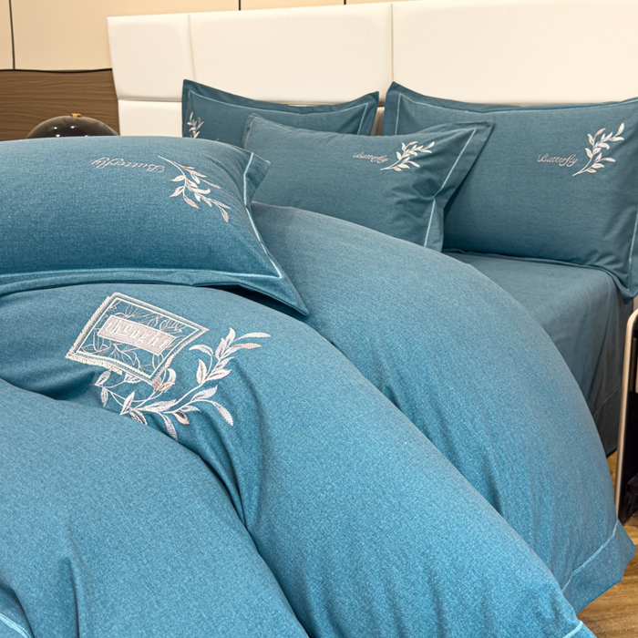 91家纺网 家纺一手货源 找家纺 U品汇 2024新品生态加厚长绒棉纯棉绣花全棉磨毛刺绣四件套宽边款直播 一叶知秋-兰