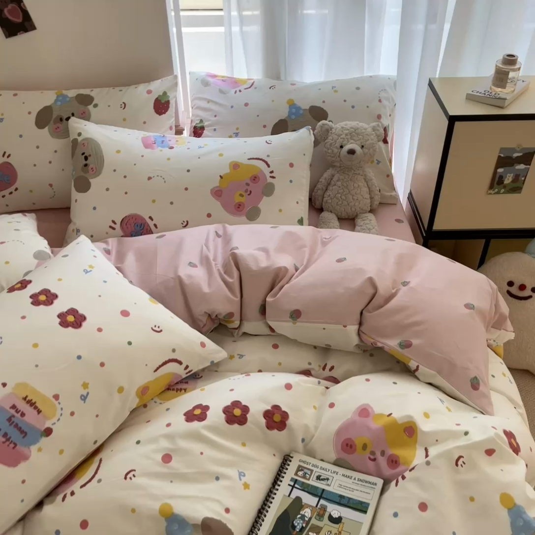 91家纺网 家纺一手货源 找家纺 桃子家居  2024新款纯棉小清新卡通少女13372系列四件套 棉-花花酱