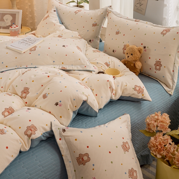 91家纺网 家纺一手货源 找家纺 梦莱斯 2024新款A类提花针织棉床盖四件套 饼干熊