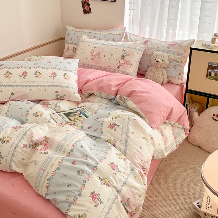 91家纺网 家纺一手货源 找家纺 桃子家居  2024新款纯棉小清新卡通少女13372系列四件套 棉-花仙兔
