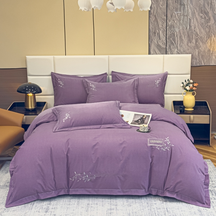 91家纺网 家纺一手货源 找家纺 U品汇 2024新品生态加厚长绒棉纯棉绣花全棉磨毛刺绣四件套宽边款直播 一叶知秋-紫