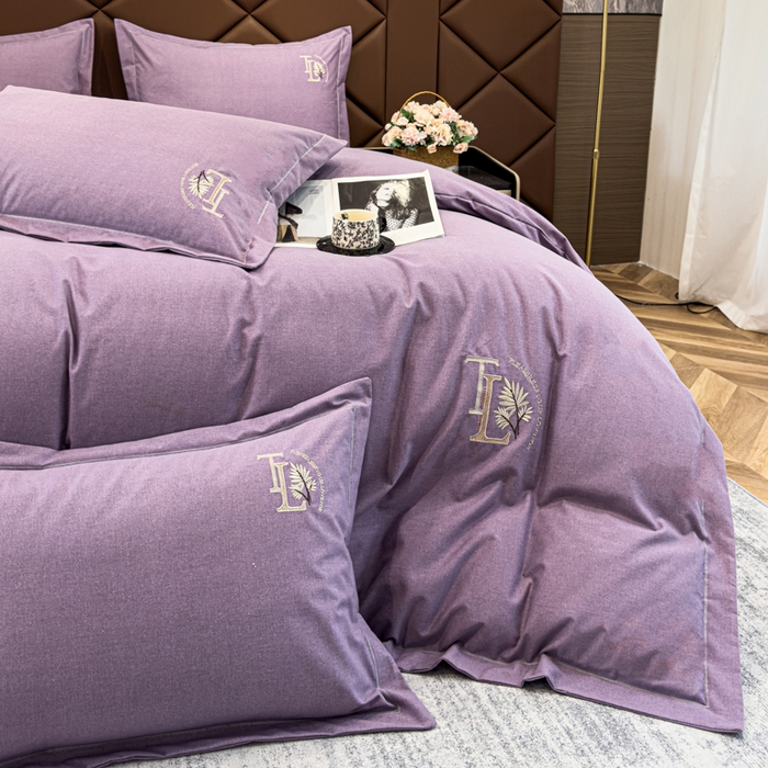 91家纺网 家纺一手货源 找家纺 U品汇 2024新品生态加厚长绒棉纯棉绣花全棉磨毛刺绣四件套宽边款直播 漫步梧桐-紫