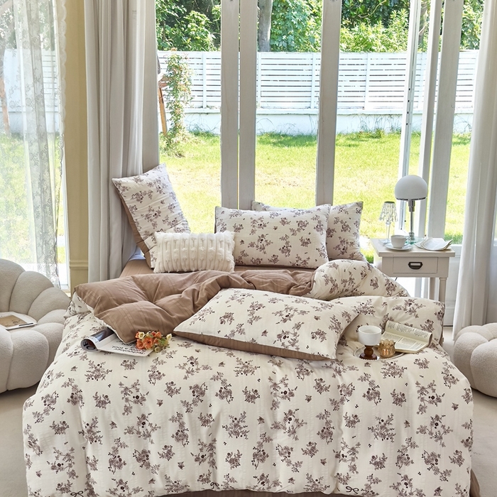 91家纺网 家纺一手货源 找家纺 梦莱斯 2024新款A类云纱棉四件套现货供应 叶秋