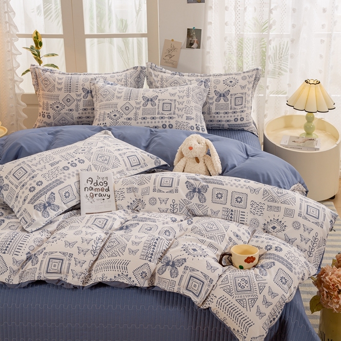 91家纺网 家纺一手货源 找家纺 梦莱斯 2024新款A类提花针织棉床盖四件套 蓝图