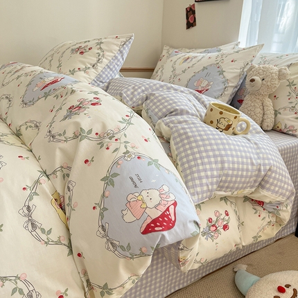 91家纺网 家纺一手货源 找家纺 桃子家居  2024新款纯棉小清新卡通少女13372系列四件套 棉-蘑菇兔