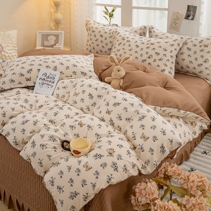 91家纺网 家纺一手货源 找家纺 梦莱斯 2024新款A类提花针织棉床盖四件套 蝶恋花咖