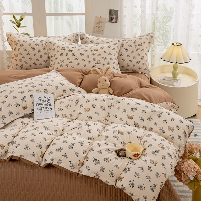 91家纺网 家纺一手货源 找家纺 梦莱斯 2024新款A类提花针织棉床盖四件套 蝶恋花咖