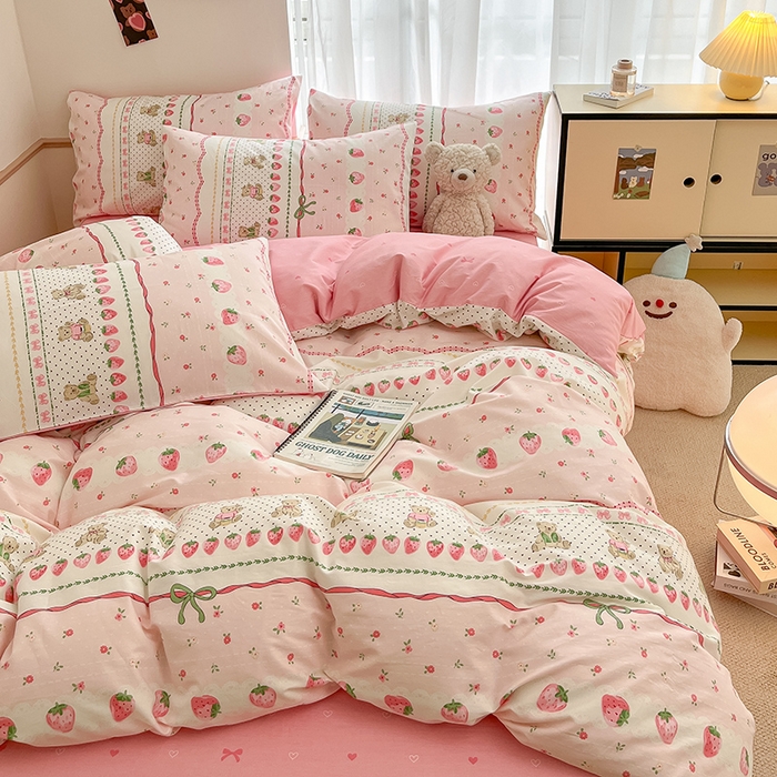 91家纺网 家纺一手货源 找家纺 桃子家居  2024新款纯棉小清新卡通少女13372系列四件套 棉-粉萌