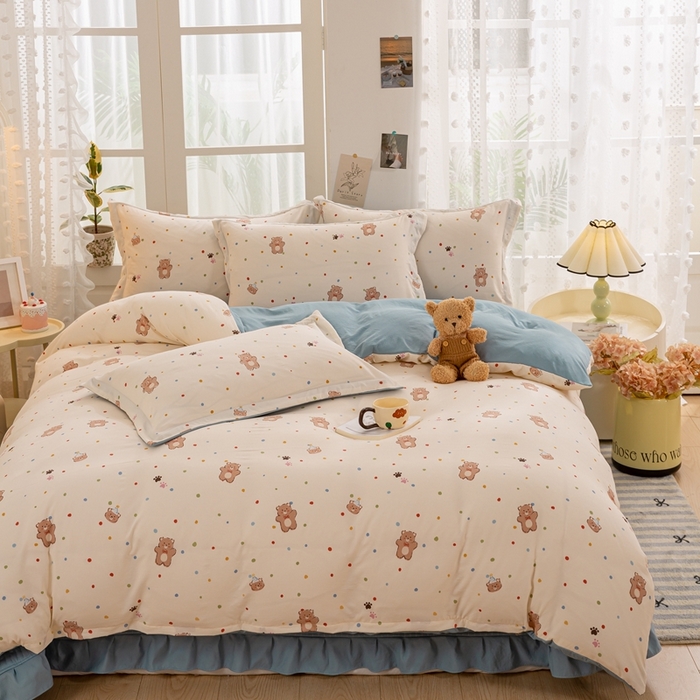 91家纺网 家纺一手货源 找家纺 梦莱斯 2024新款A类提花针织棉床盖四件套 饼干熊