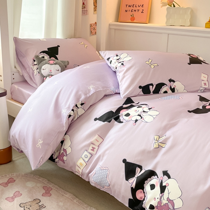 91家纺网 家纺一手货源 找家纺 2024新款三丽鸥授权全棉少女印花系列学生三件套四件套 棉三丽鸥-星星库洛米