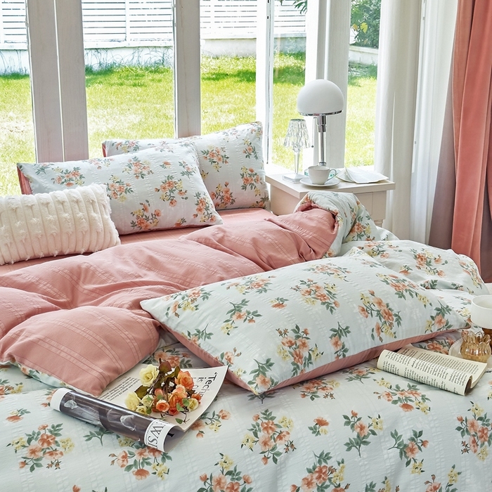 91家纺网 家纺一手货源 找家纺 梦莱斯 2024新款A类云纱棉四件套现货供应 静好