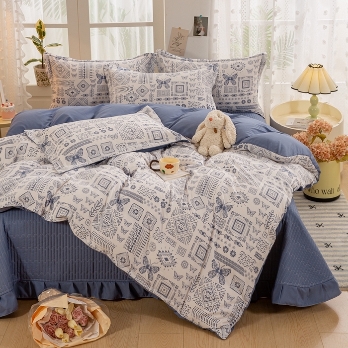 91家纺网 家纺一手货源 找家纺 梦莱斯 2024新款A类提花针织棉床盖四件套 蓝图