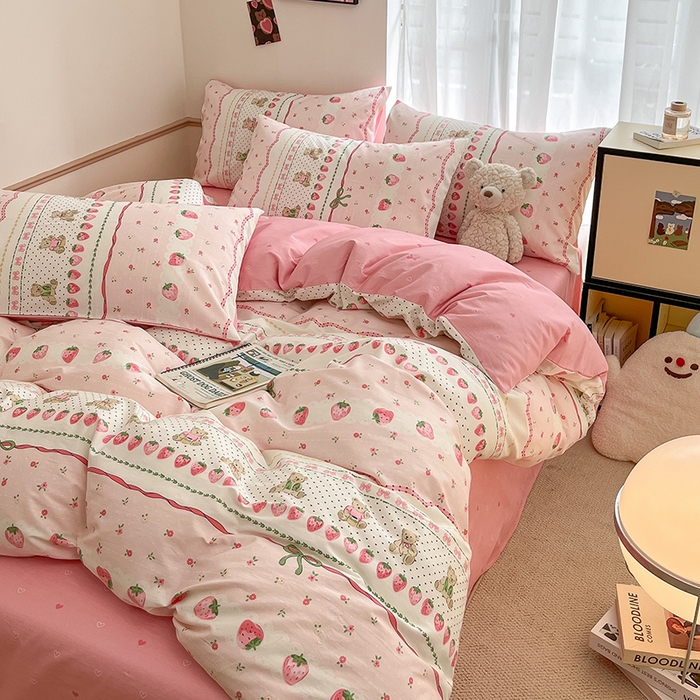 91家纺网 家纺一手货源 找家纺 桃子家居  2024新款纯棉小清新卡通少女13372系列四件套 棉-粉萌