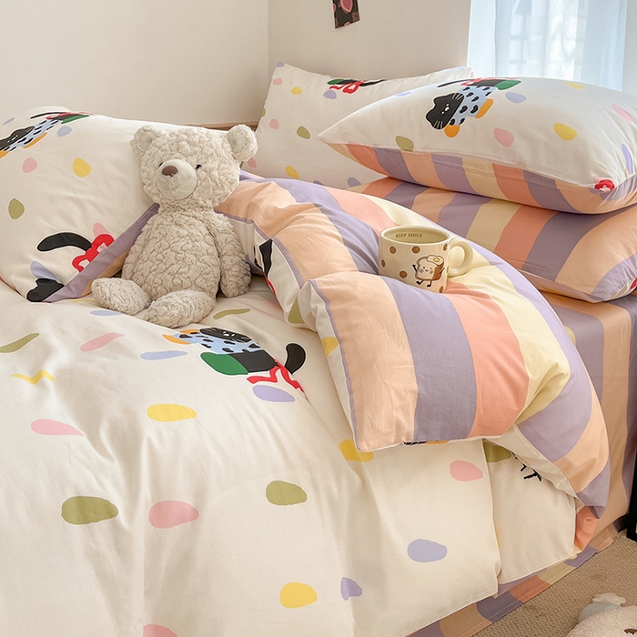 91家纺网 家纺一手货源 找家纺 桃子家居  2024新款纯棉小清新卡通少女13372系列四件套 棉-彩绘喵