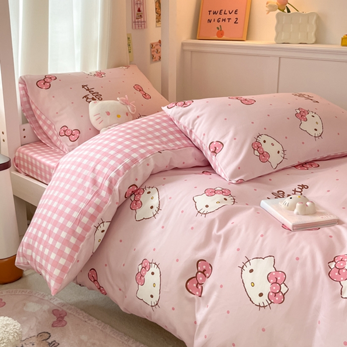 91家纺网 家纺一手货源 找家纺 2024新款三丽鸥授权全棉少女印花系列学生三件套四件套 棉三丽鸥-蝴蝶结kitty