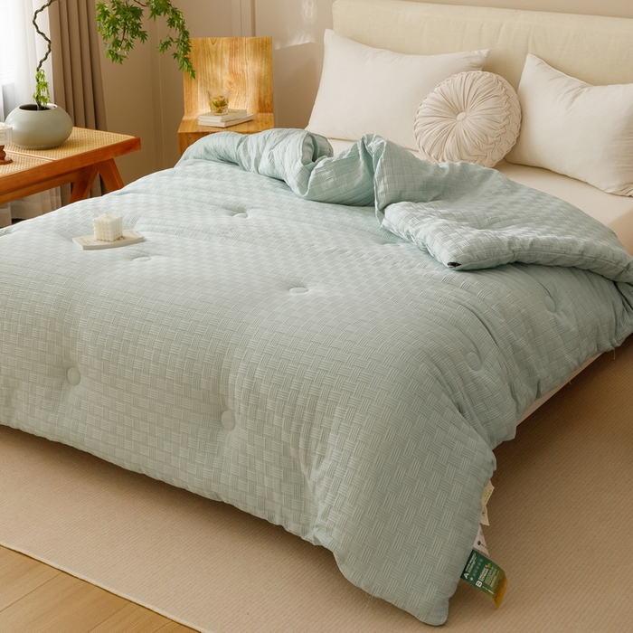 91家纺网 家纺一手货源 找家纺 迪乐妮家居 2024新款水洗华夫格大豆纤维被 水绿