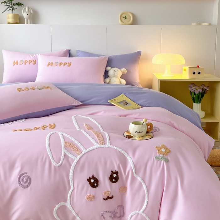 91家纺网 家纺一手货源 找家纺 言熙居家纺 2024新款加厚磨毛110克亲肤棉四件套 樱花粉+灰紫