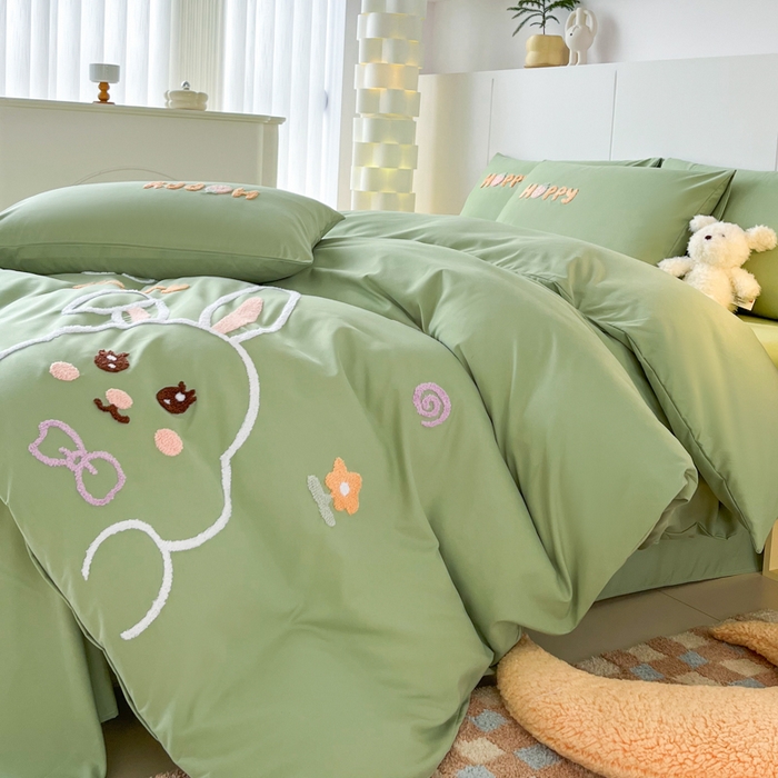 91家纺网 家纺一手货源 找家纺 言熙居家纺 2024新款加厚磨毛110克亲肤棉四件套 香草绿