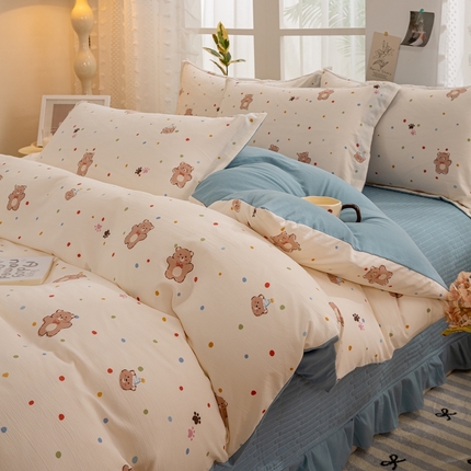 91家纺网 家纺一手货源 找家纺 梦莱斯 2024新款A类提花针织棉床盖四件套 饼干熊