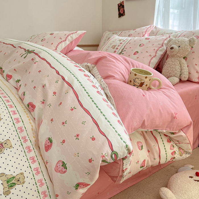 91家纺网 家纺一手货源 找家纺 桃子家居  2024新款纯棉小清新卡通少女13372系列四件套 棉-粉萌