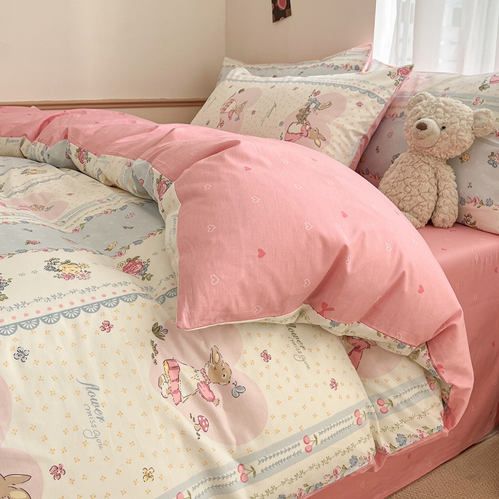 91家纺网 家纺一手货源 找家纺 桃子家居  2024新款纯棉小清新卡通少女13372系列四件套 棉-花仙兔