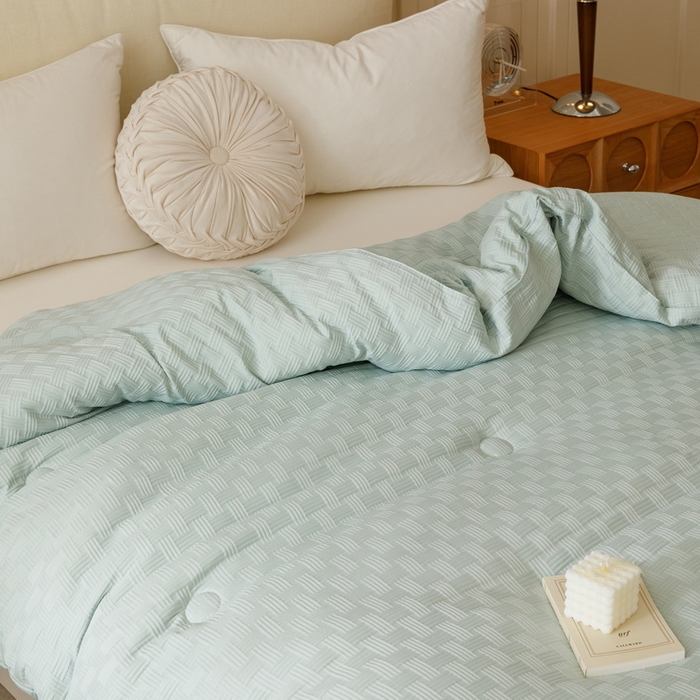 91家纺网 家纺一手货源 找家纺 迪乐妮家居 2024新款水洗华夫格大豆纤维被 水绿