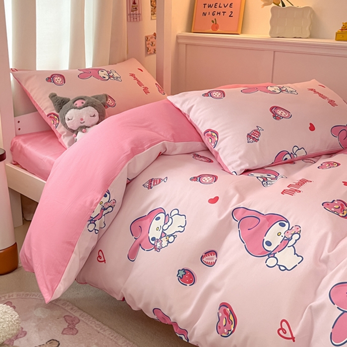 91家纺网 家纺一手货源 找家纺 2024新款三丽鸥授权全棉少女印花系列学生三件套四件套 棉三丽鸥-甜甜圈美乐蒂