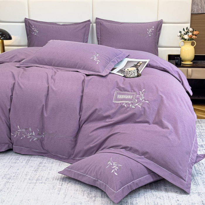 91家纺网 家纺一手货源 找家纺 U品汇 2024新品生态加厚长绒棉纯棉绣花全棉磨毛刺绣四件套宽边款直播 一叶知秋-紫