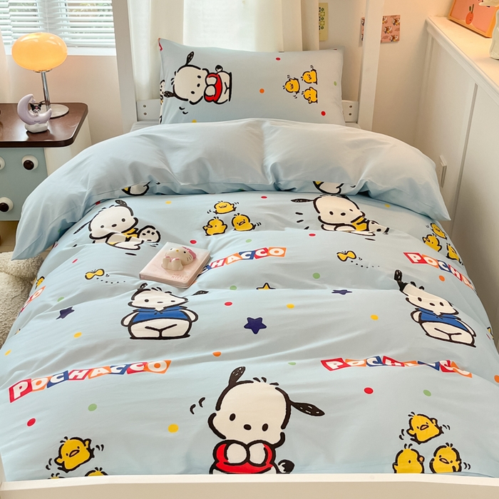 91家纺网 家纺一手货源 找家纺 2024新款三丽鸥授权全棉少女印花系列学生三件套四件套 棉三丽鸥-活力帕恰狗