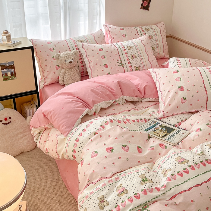 91家纺网 家纺一手货源 找家纺 桃子家居  2024新款纯棉小清新卡通少女13372系列四件套 棉-粉萌