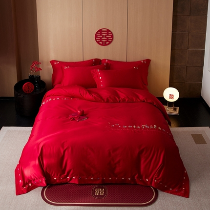 简纯主义 2025新款100支长绒棉刺绣四件套花开并蒂系列 花开并蒂红