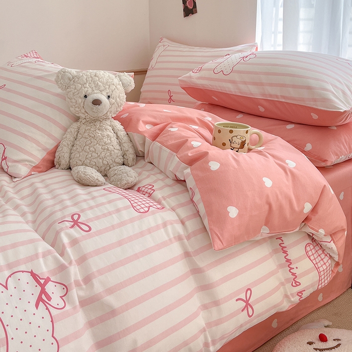 91家纺网 家纺一手货源 找家纺 桃子家居  2024新款纯棉小清新卡通少女13372系列四件套 棉-粉玉兔