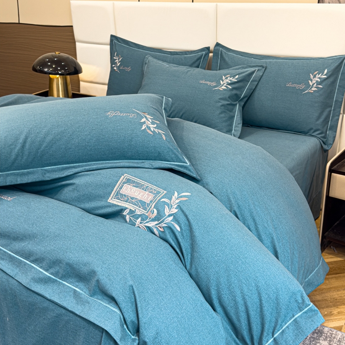 91家纺网 家纺一手货源 找家纺 U品汇 2024新品生态加厚长绒棉纯棉绣花全棉磨毛刺绣四件套宽边款直播 一叶知秋-兰