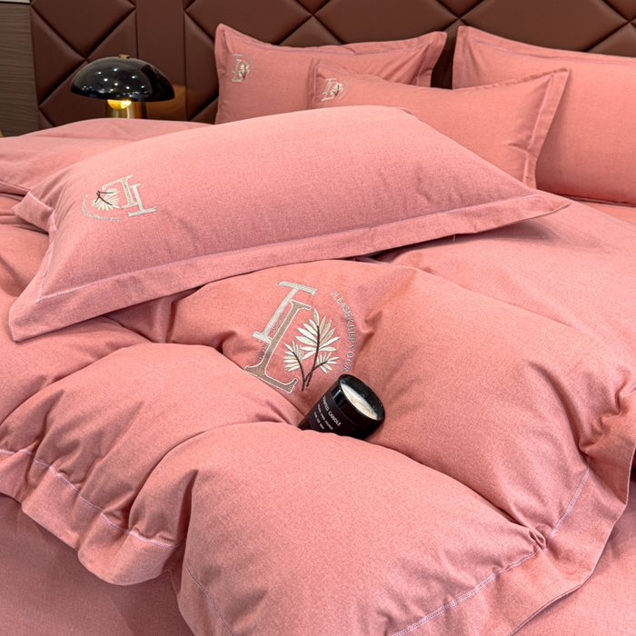 91家纺网 家纺一手货源 找家纺 U品汇 2024新品生态加厚长绒棉纯棉绣花全棉磨毛刺绣四件套宽边款直播 漫步梧桐-胭脂红