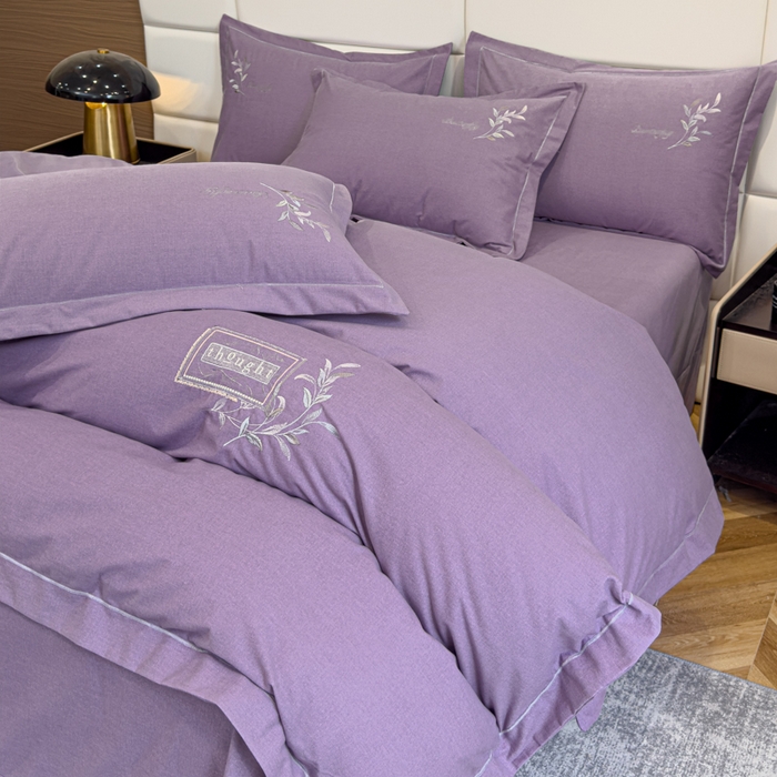 91家纺网 家纺一手货源 找家纺 U品汇 2024新品生态加厚长绒棉纯棉绣花全棉磨毛刺绣四件套宽边款直播 一叶知秋-紫