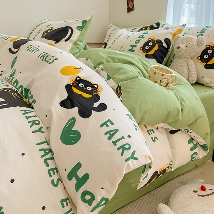 91家纺网 家纺一手货源 找家纺 桃子家居  2024新款纯棉小清新卡通少女13372系列四件套 棉-淘气猫