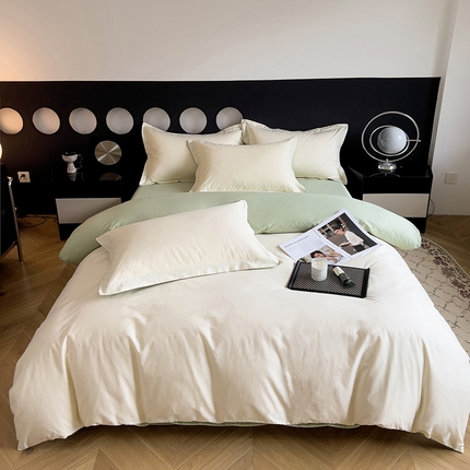 91家纺网 家纺一手货源 找家纺 小懒猪 2024新款极简纯棉四件套 奶昔白-清风绿