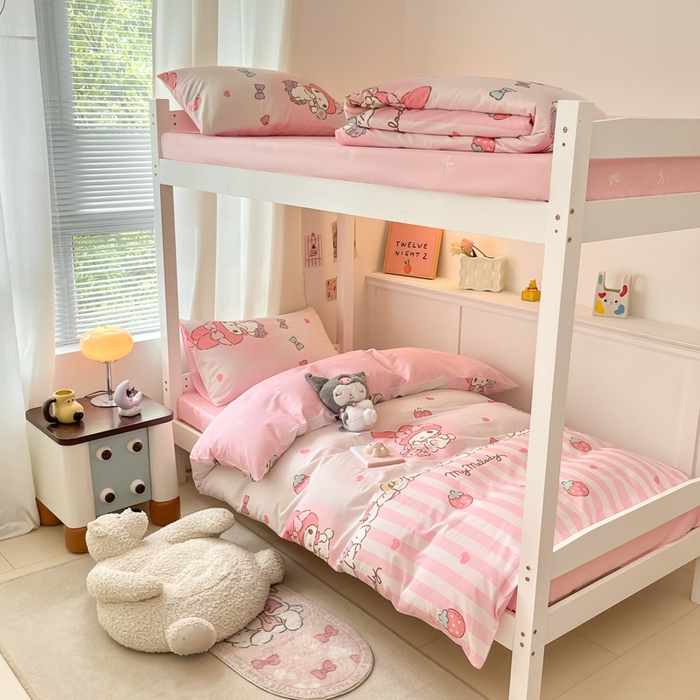 91家纺网 家纺一手货源 找家纺 2024新款三丽鸥授权全棉少女印花系列学生三件套四件套 棉三丽鸥-草莓美乐蒂