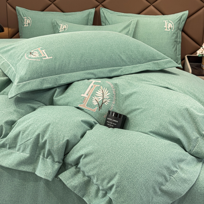 91家纺网 家纺一手货源 找家纺 U品汇 2024新品生态加厚长绒棉纯棉绣花全棉磨毛刺绣四件套宽边款直播 漫步梧桐-绿