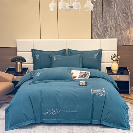 U品汇 2024新品生态加厚长绒棉纯棉绣花全棉磨毛刺绣四件套宽边款直播 一叶知秋-兰