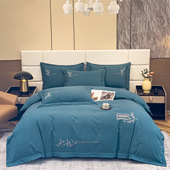 91家纺网 家纺一手货源 找家纺 U品汇 2024新品生态加厚长绒棉纯棉绣花全棉磨毛刺绣四件套宽边款直播 一叶知秋-兰