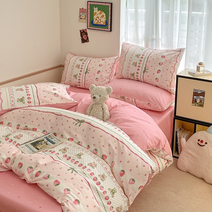 91家纺网 家纺一手货源 找家纺 桃子家居  2024新款纯棉小清新卡通少女13372系列四件套 棉-粉萌