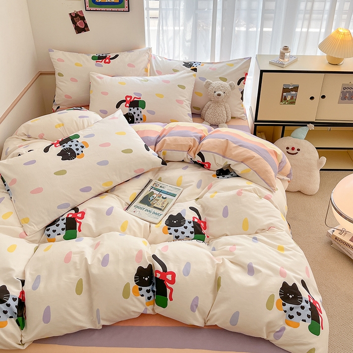 91家纺网 家纺一手货源 找家纺 桃子家居  2024新款纯棉小清新卡通少女13372系列四件套 棉-彩绘喵